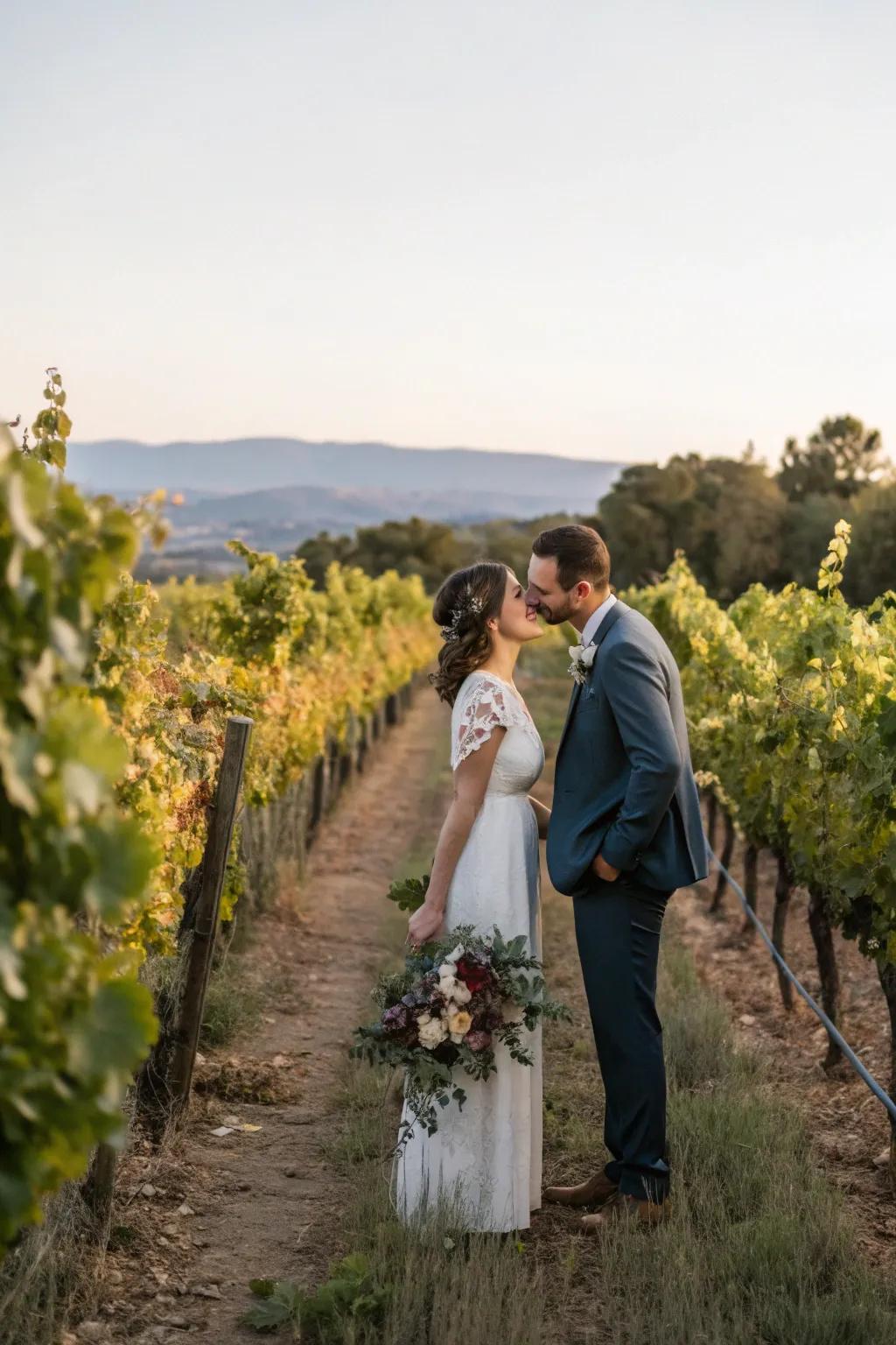 A romantic vow renewal in a rustic vineyard.