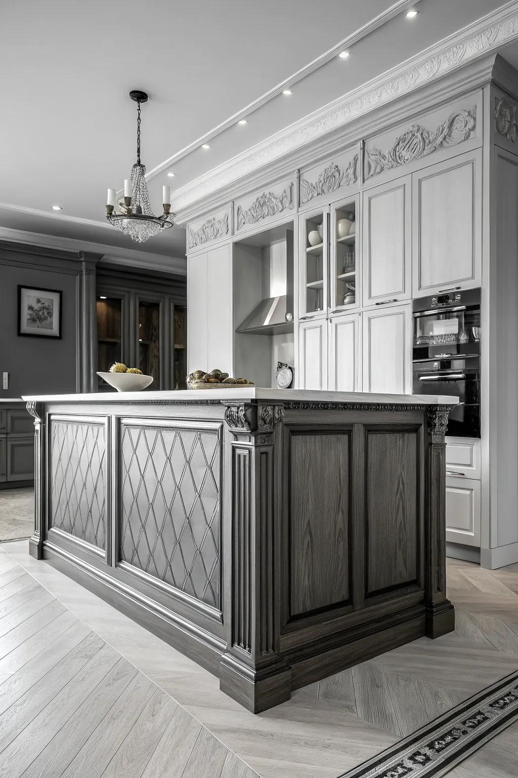 Monochrome wainscoting creates a seamless look for this kitchen island.