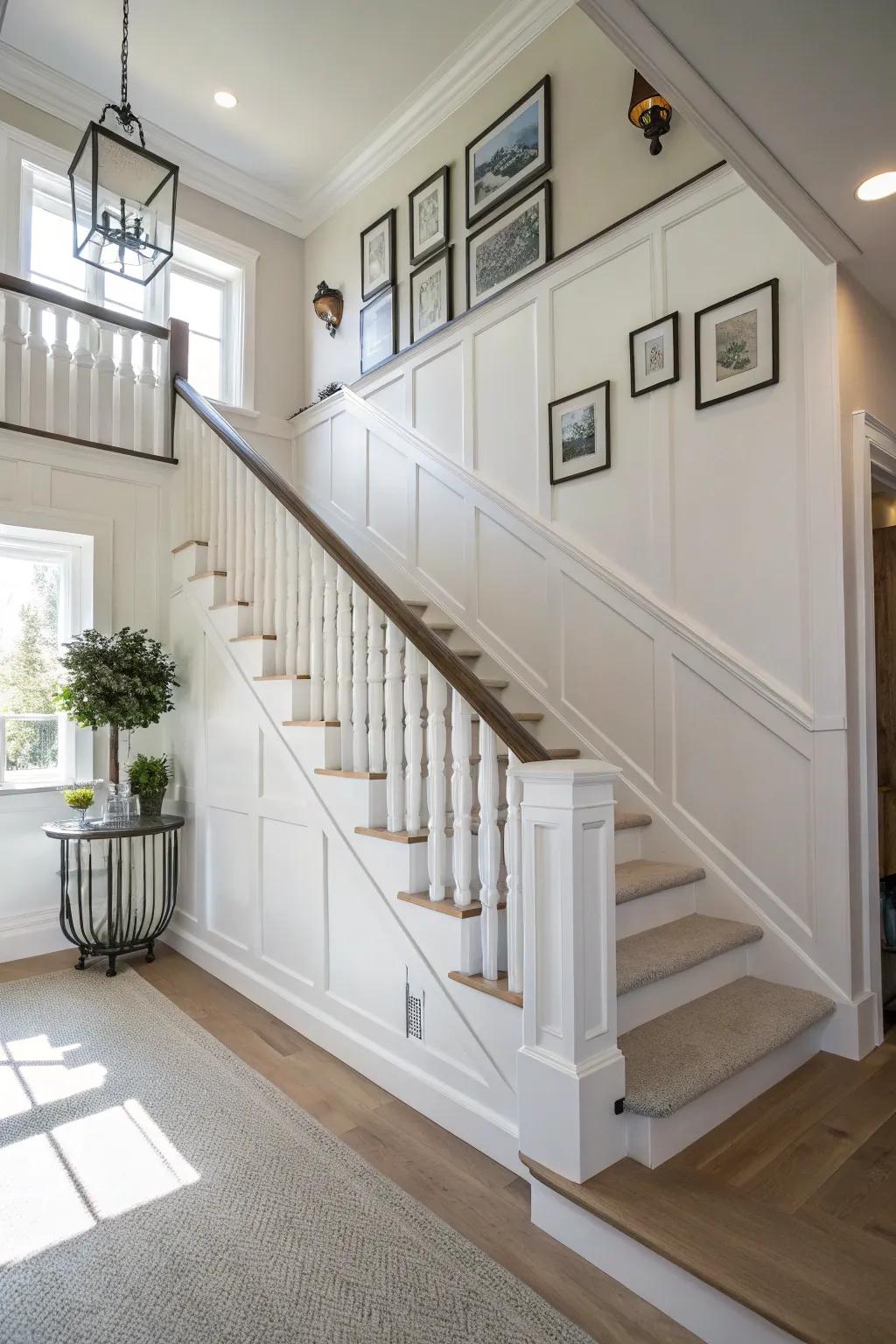 White wainscoting for a bright and minimalist stairwell.