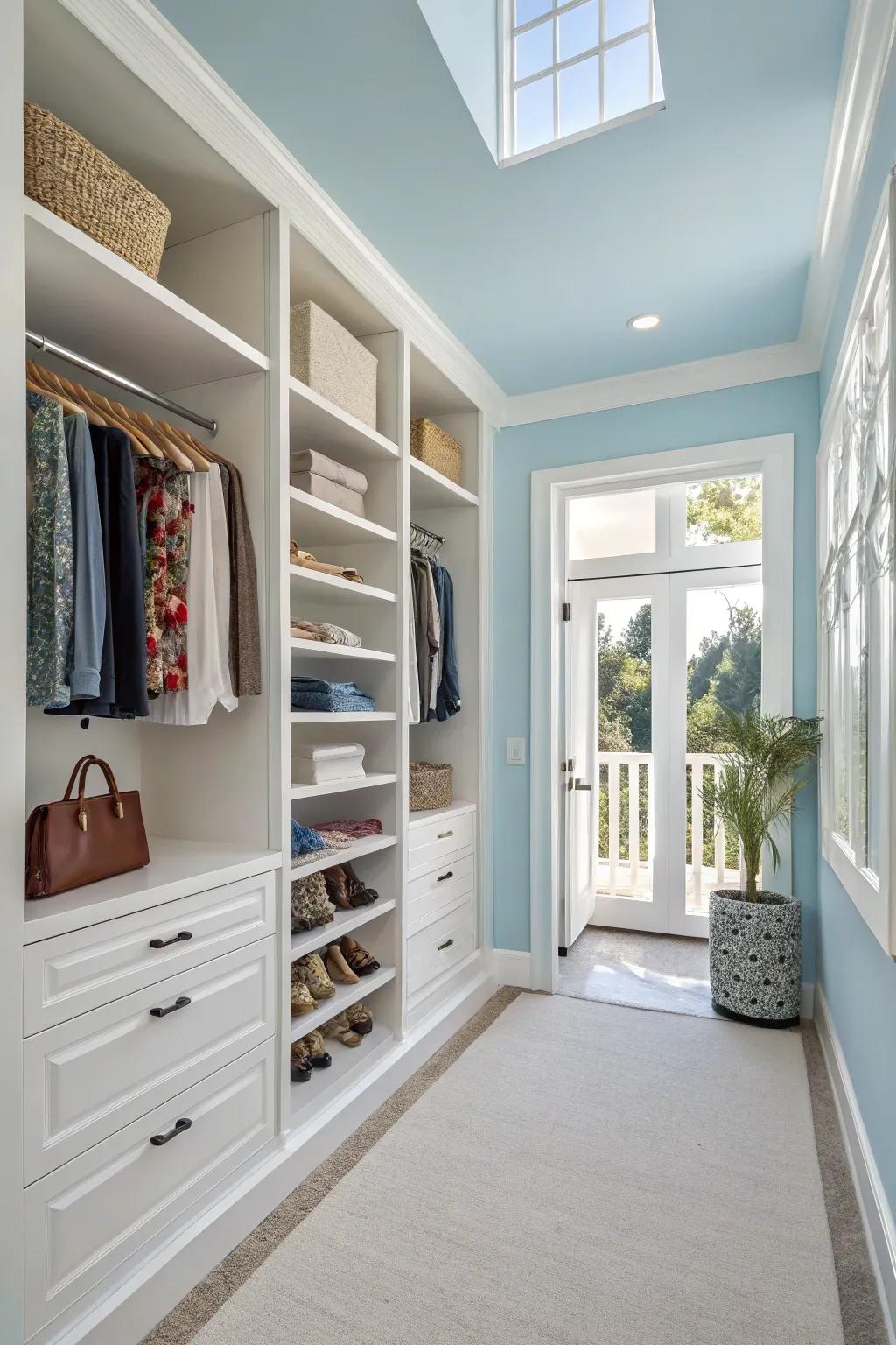 Sky blue creates an open and airy closet atmosphere.