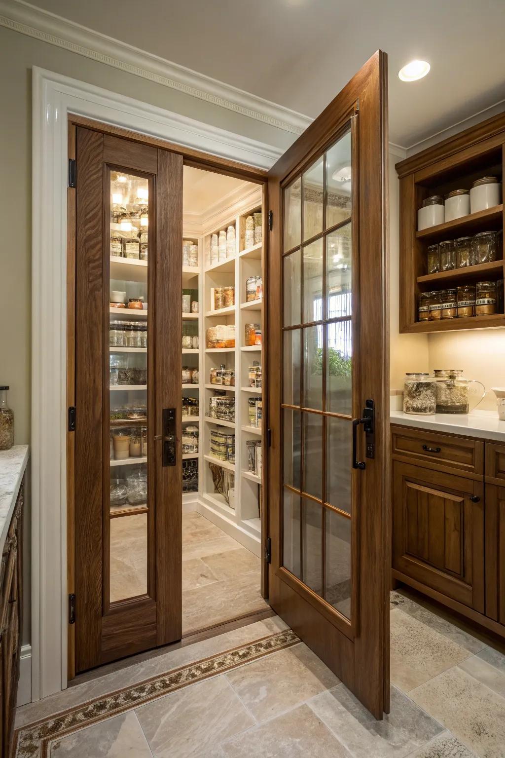 Double doors providing easy access to a walk-in pantry.