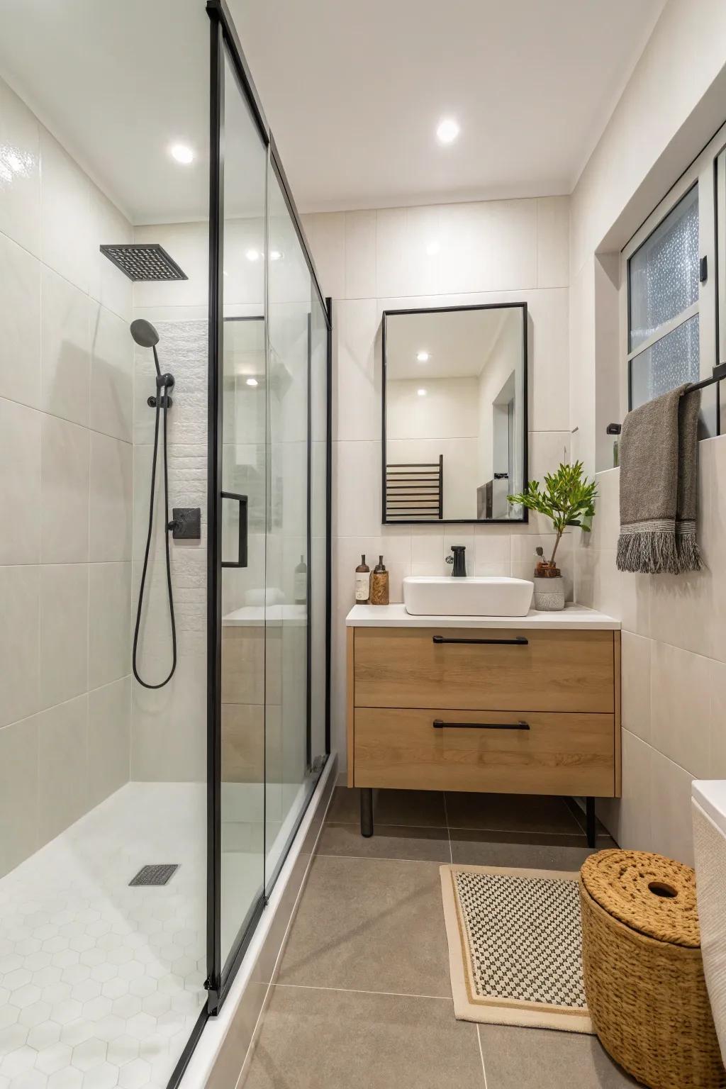 Modern minimalism creates an uncluttered and spacious feel in small bathrooms.