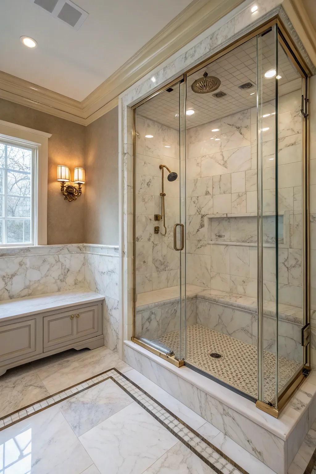 Marble adds a timeless luxury to this shower bench.