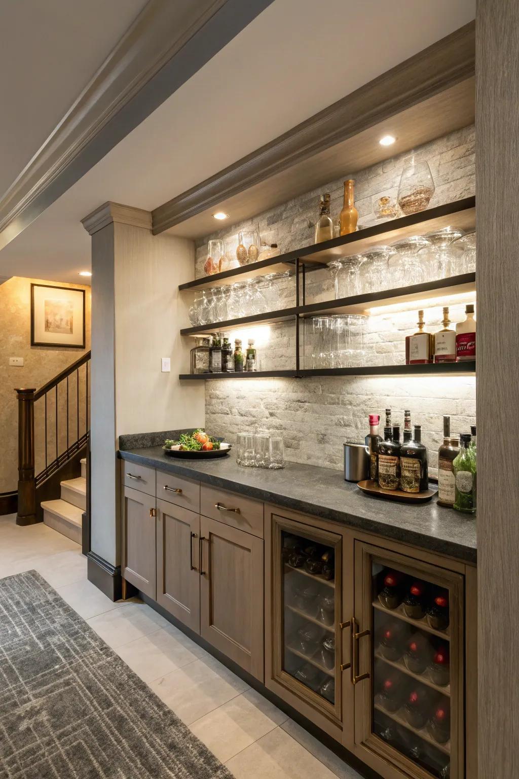 A stylish home bar integrated into a wall bump out, perfect for entertaining.