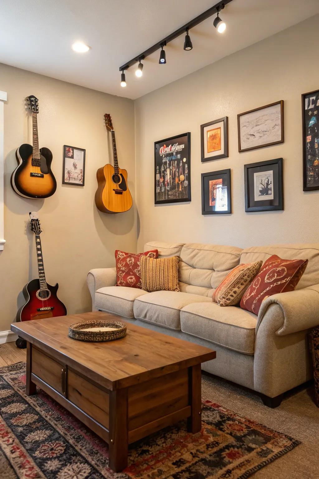 A collection of guitars hung on the wall adds a personal touch and easy access.