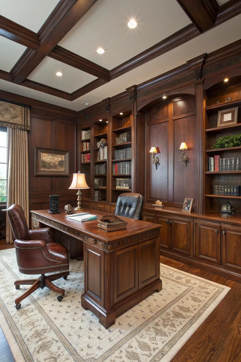 Home office featuring rich, sophisticated stained wood paneling.