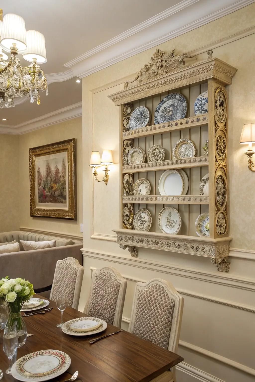 A framed plate rack turning plates into an artful centerpiece.