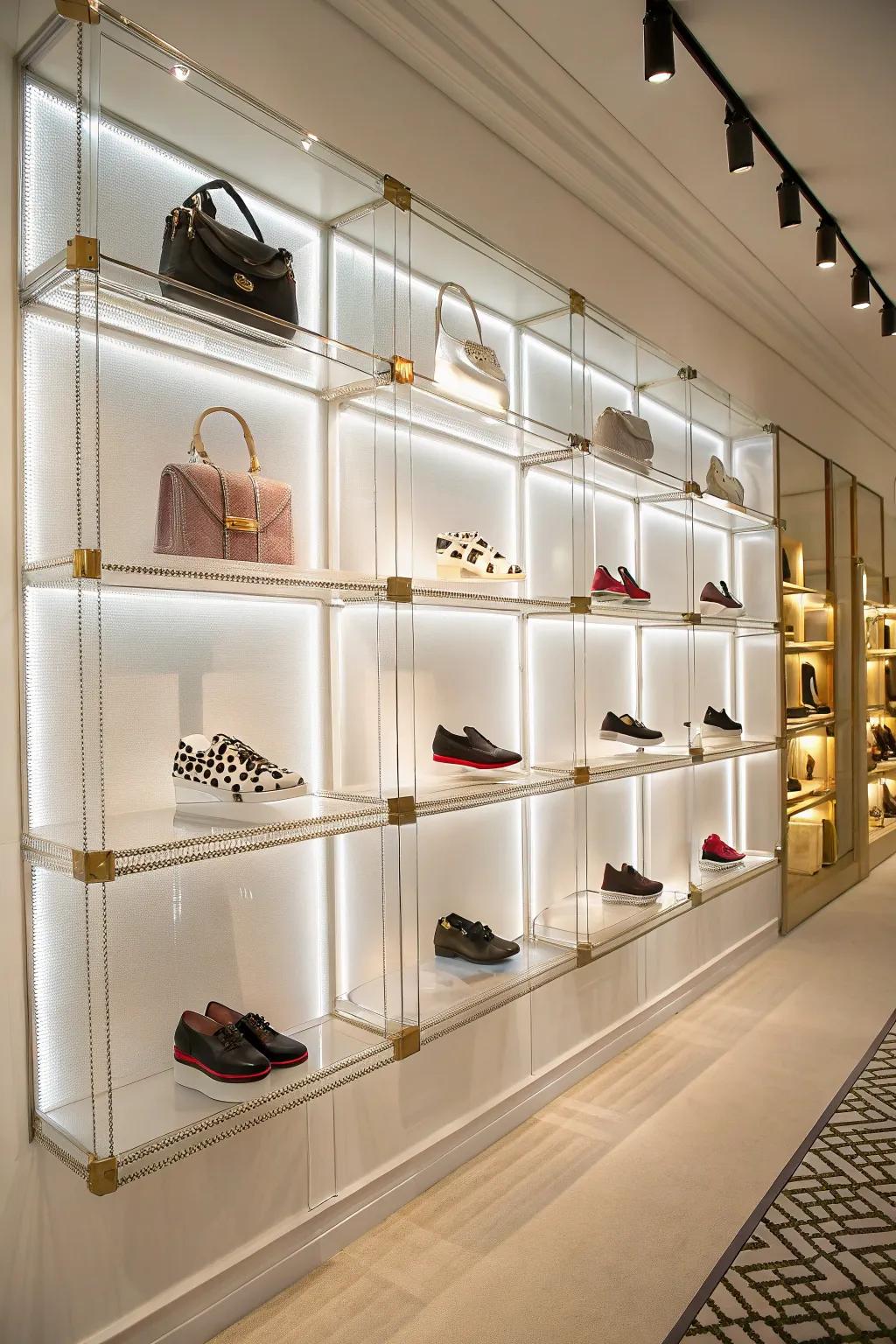 Transparent boxes create a boutique-style shoe display.