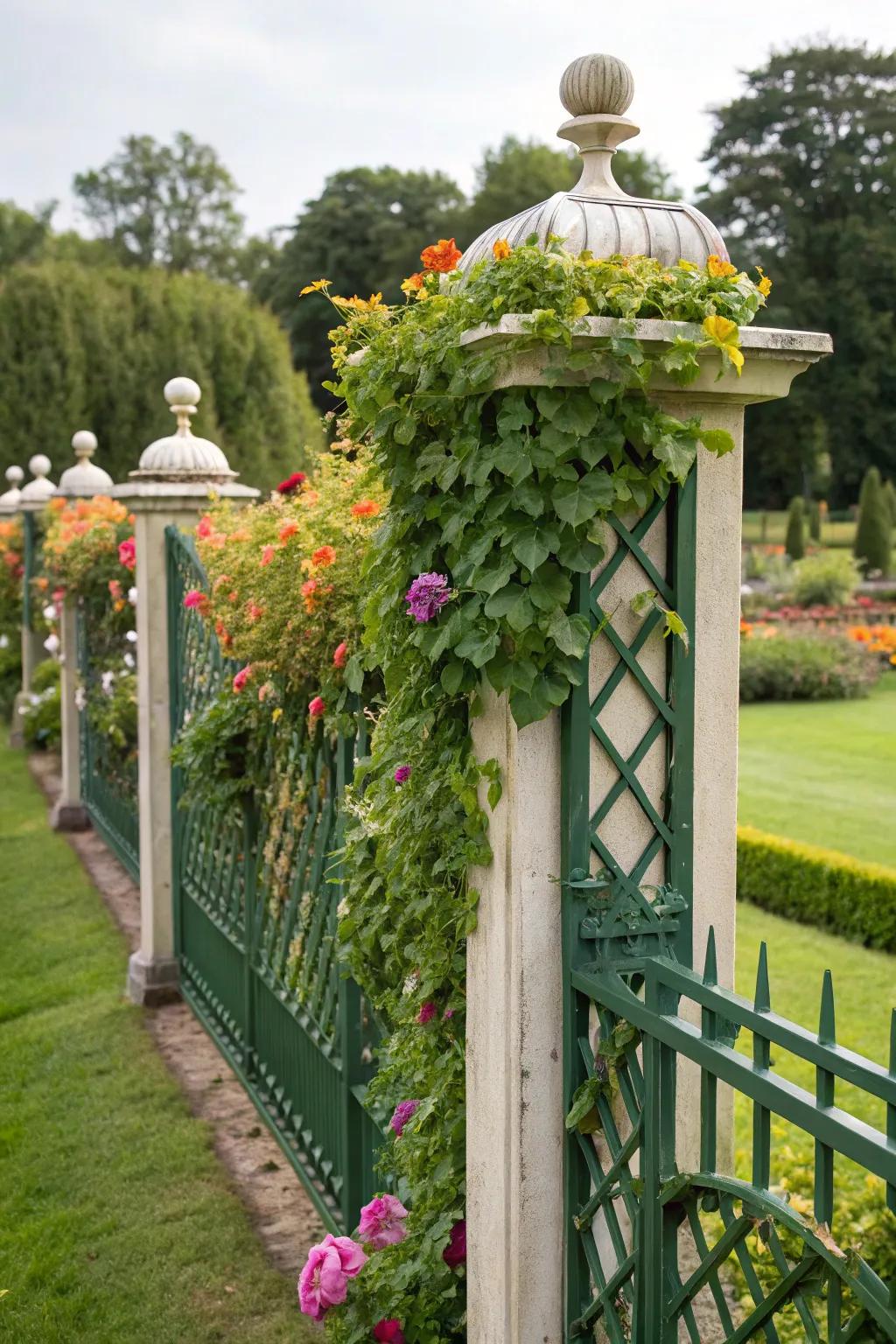 Garden fence topper serving as a trellis for climbing plants.