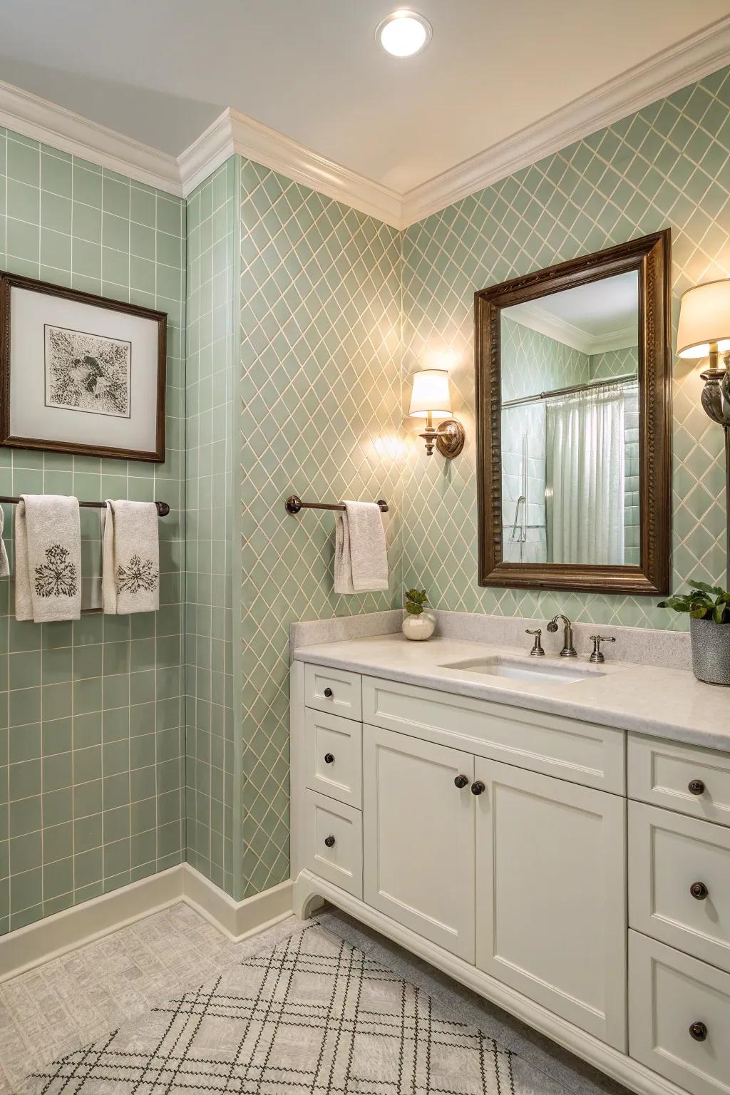 A calming bathroom with subtle grid wallpaper and soft sage.