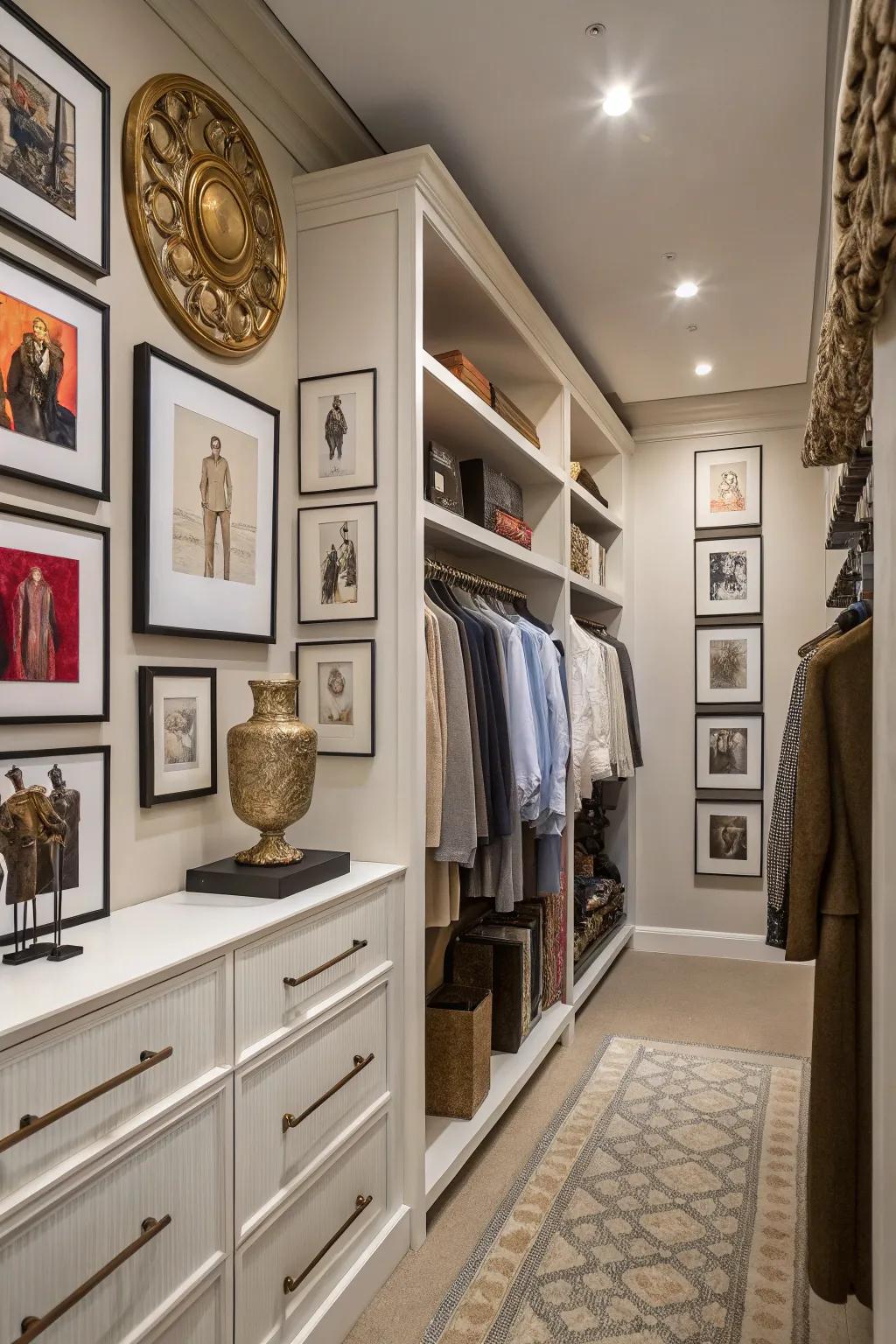 Artistic decor adds personality and flair to the wardrobe room.