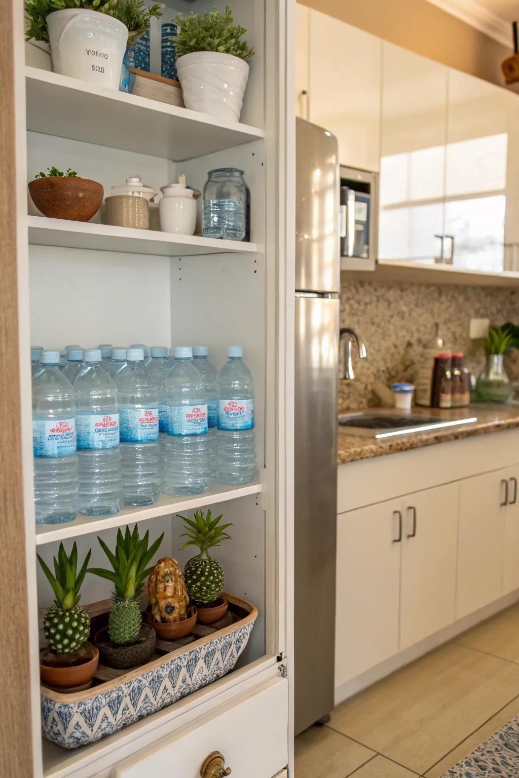 Casual and accessible water bottle display on an open shelf