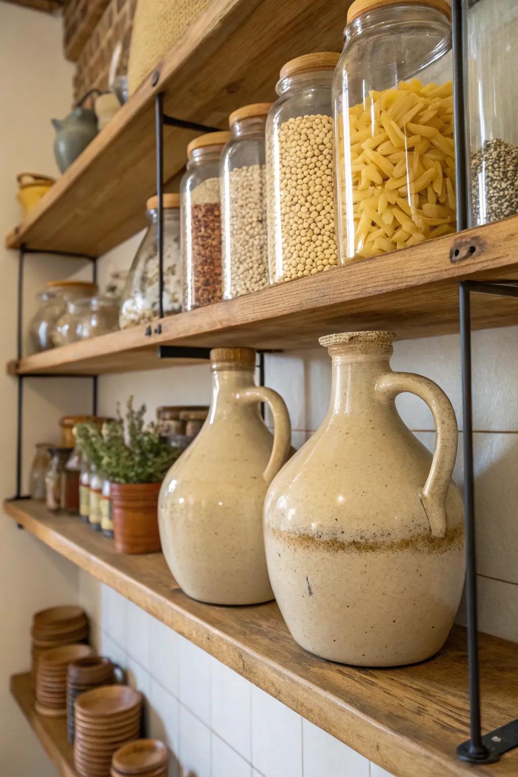 Vintage-style storage solutions using water jugs.