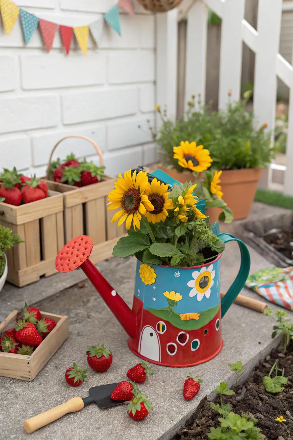 A whimsical child's garden with sunflowers and strawberries in a watering can.