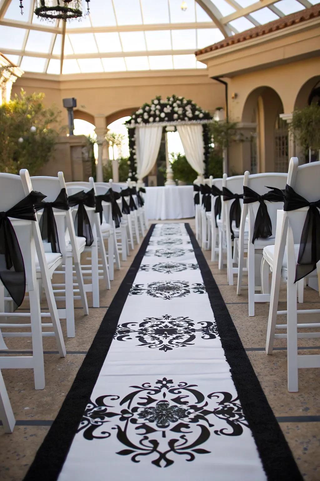 A sophisticated black and white themed wedding aisle.