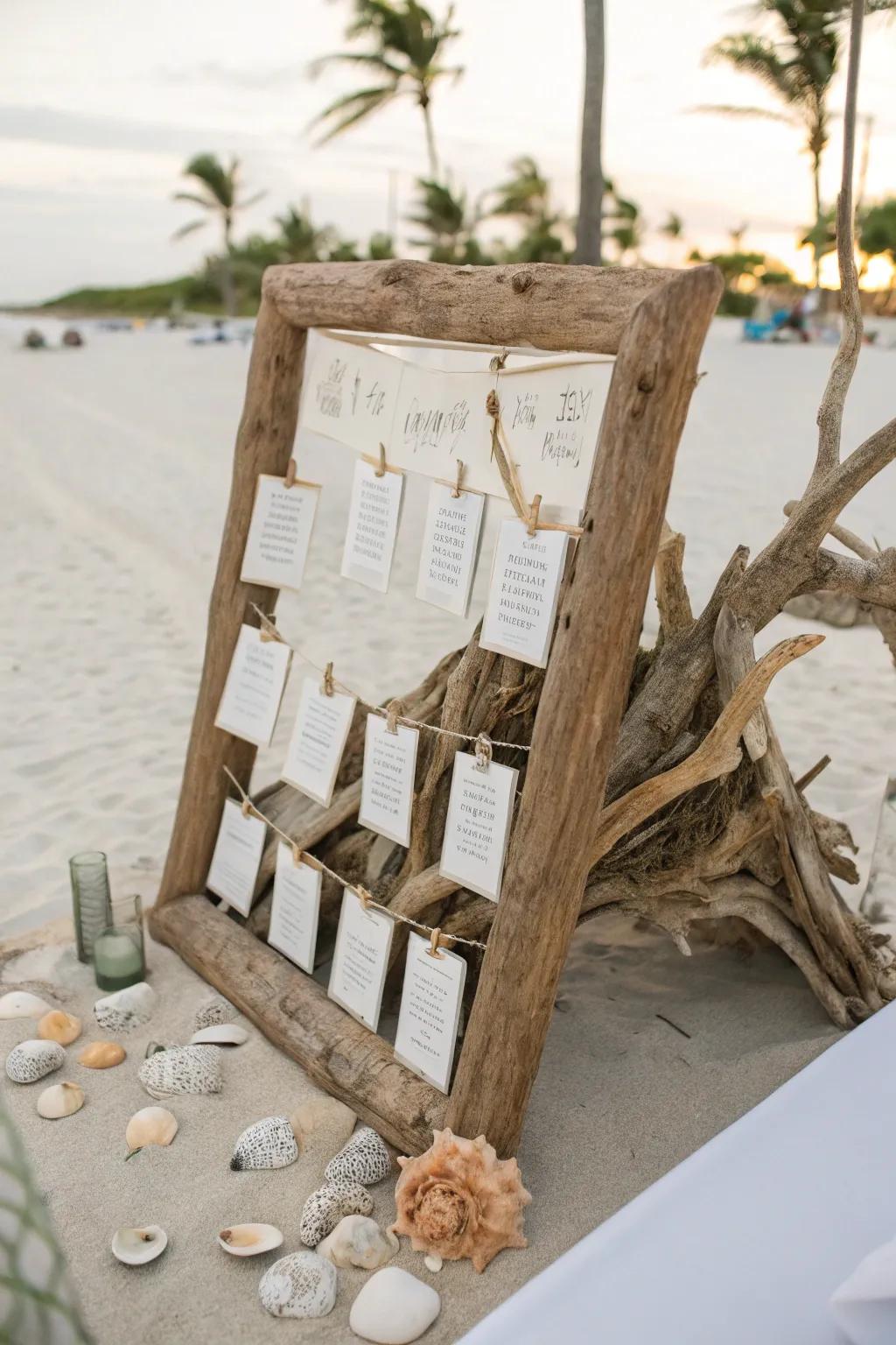 Driftwood creatively used as a seating chart, offering a laid-back vibe to a beach wedding.