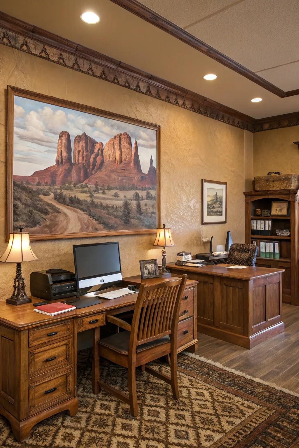 A western architecture painting adds rustic charm and character to this office.