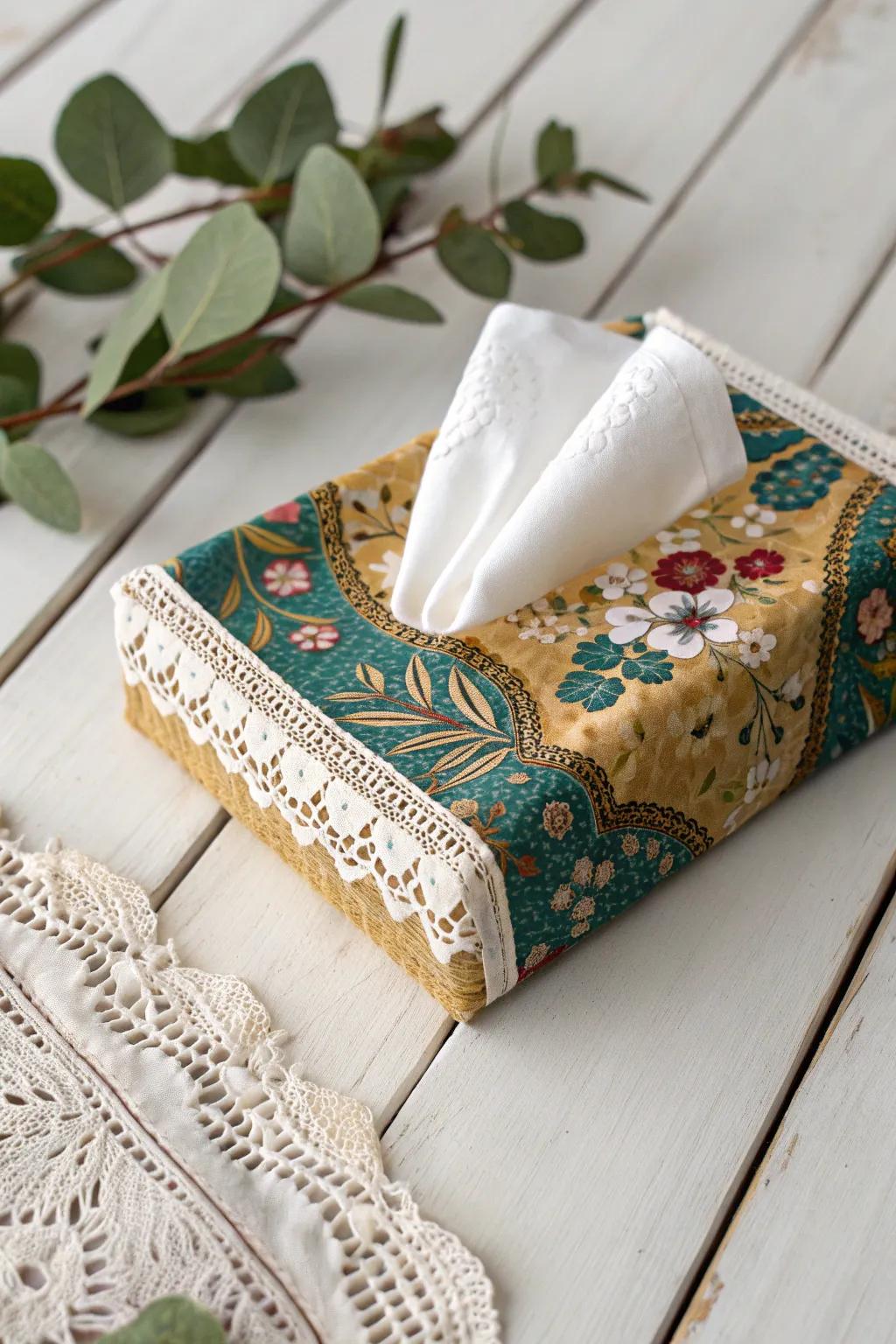 Charming and ironic: a vintage handkerchief tissue holder adds a playful touch to your everyday essentials.