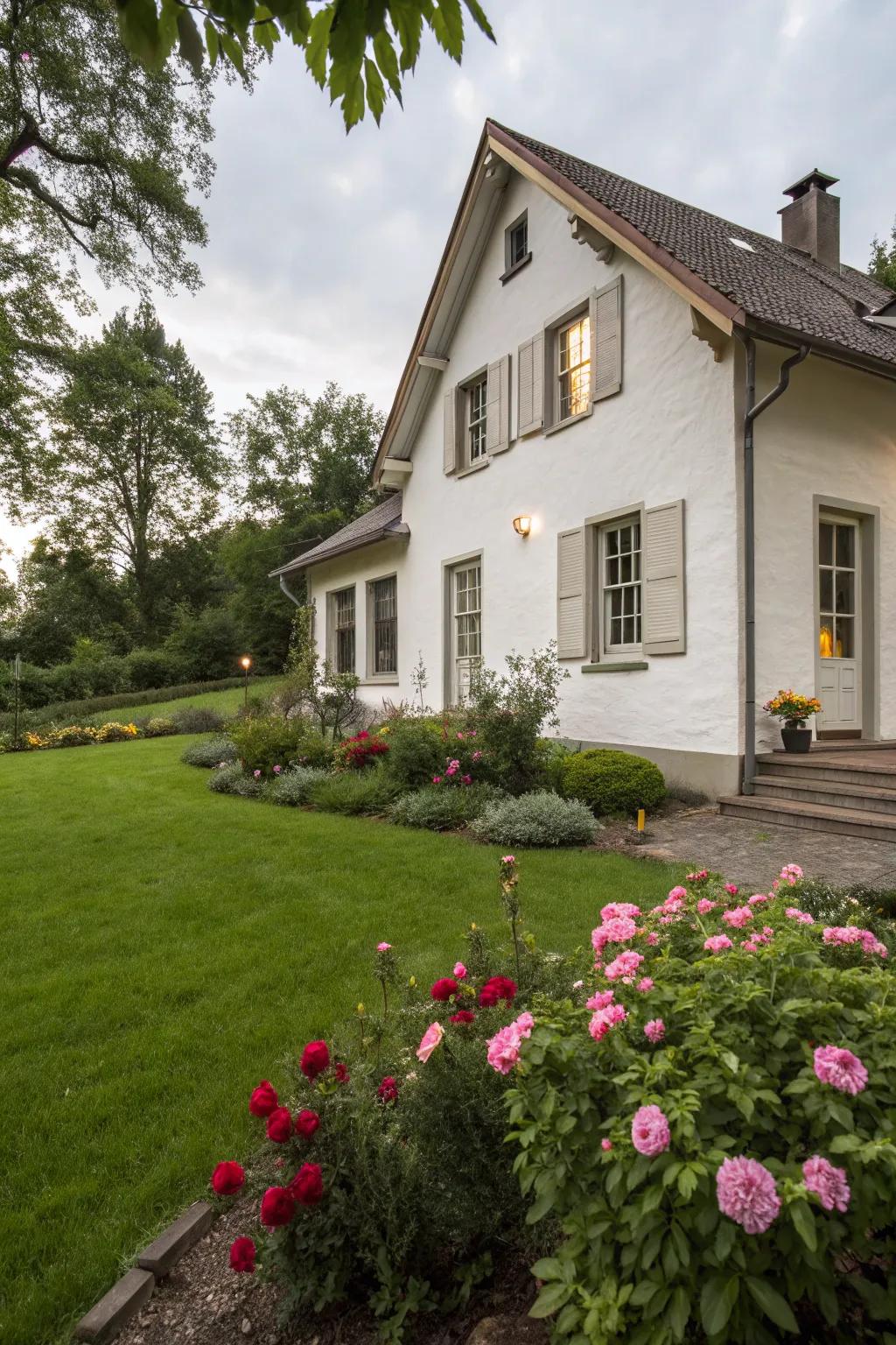 Taupe trim adds understated elegance to this sophisticated white home.