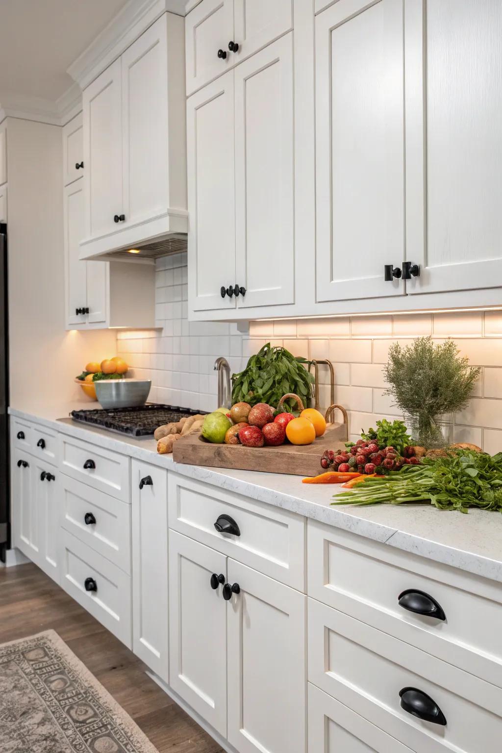 Organic elements bring warmth to a kitchen with black hardware.