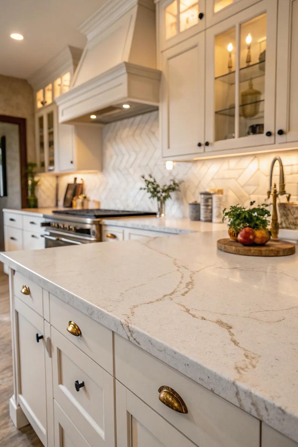 White limestone countertops add organic texture and beauty.