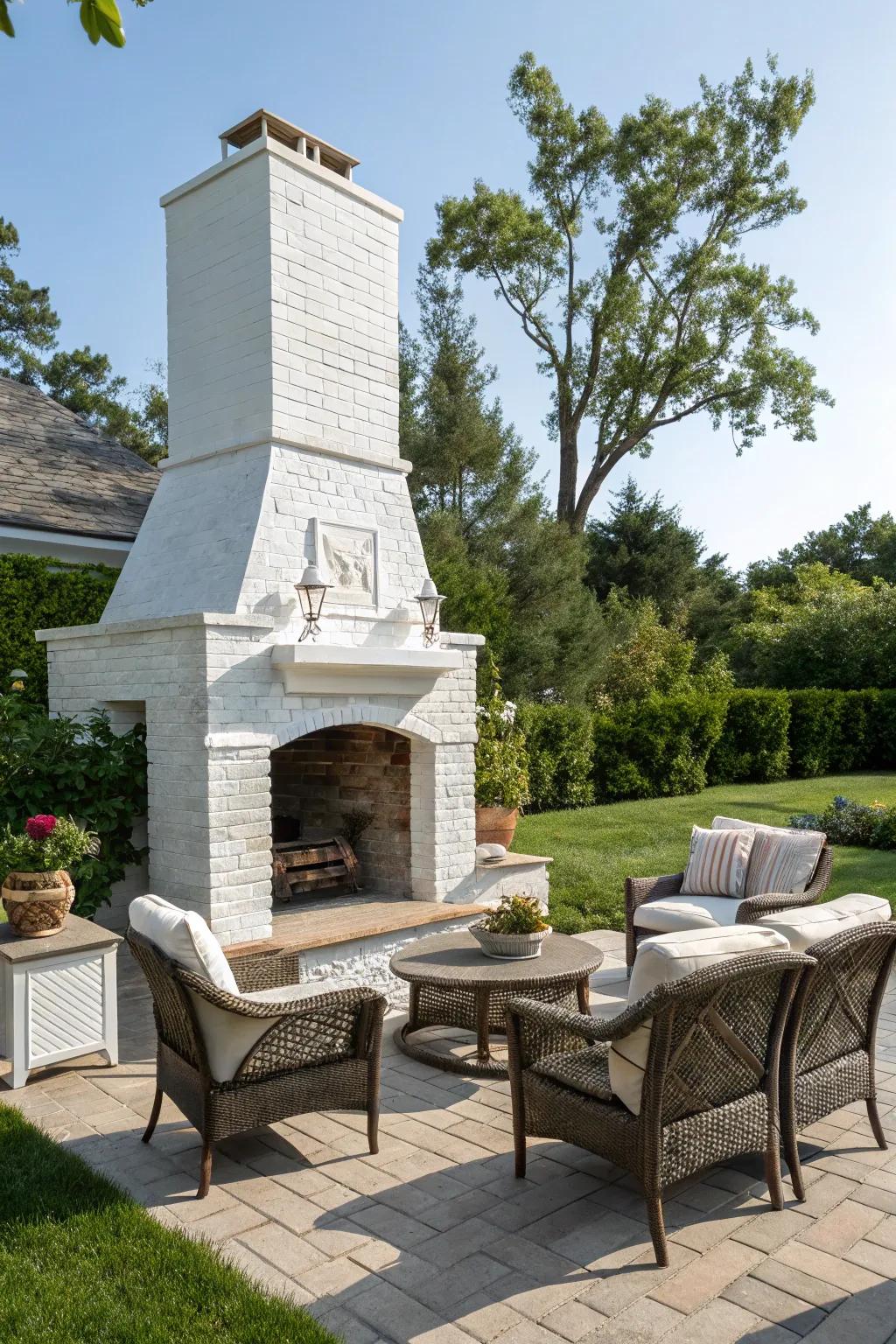 An inviting outdoor space with a whitewashed brick fireplace.