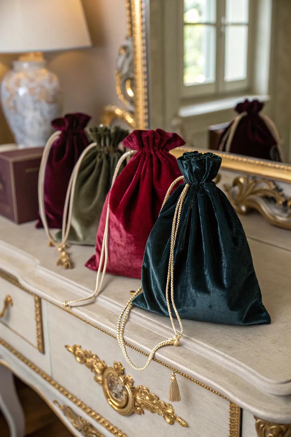 Luxurious velvet bags with practical drawstring closures.