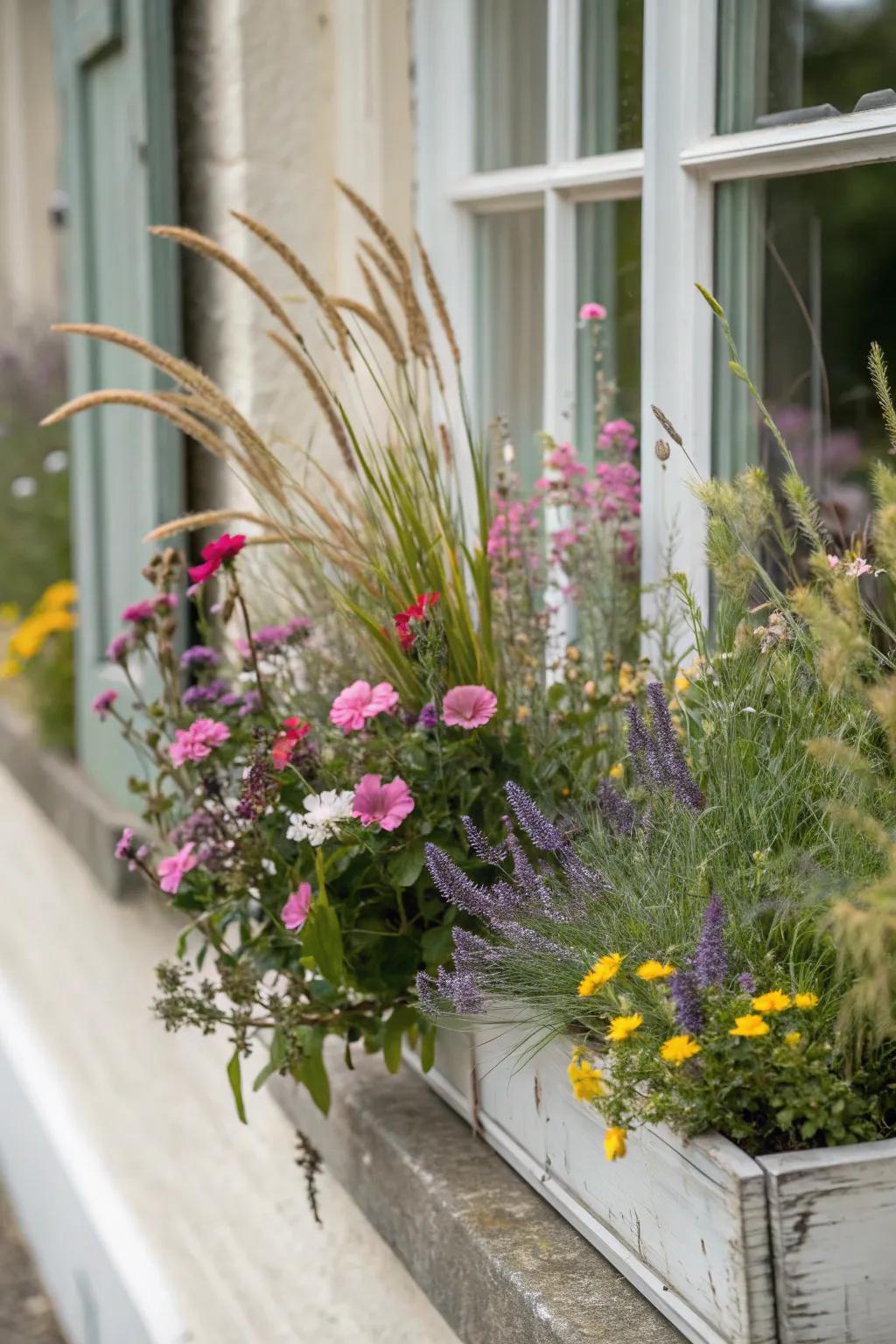 A charming cottage garden window box filled with wildflowers and grasses.