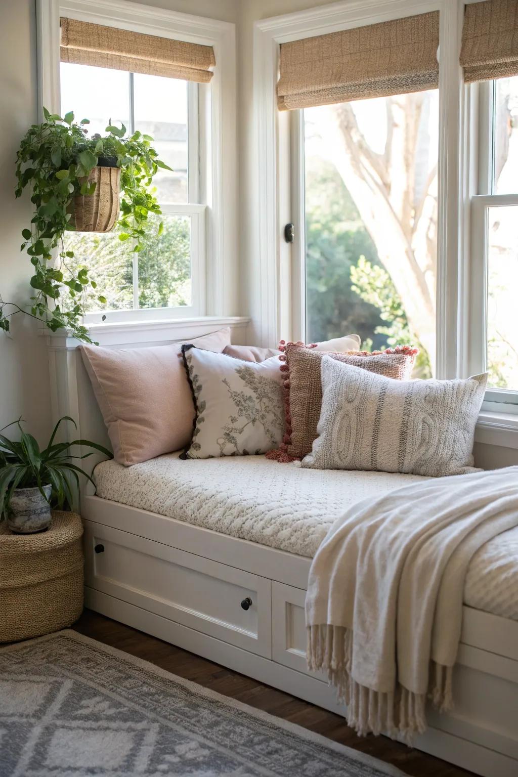 A daybed charm nook offers versatile relaxation and comfort.