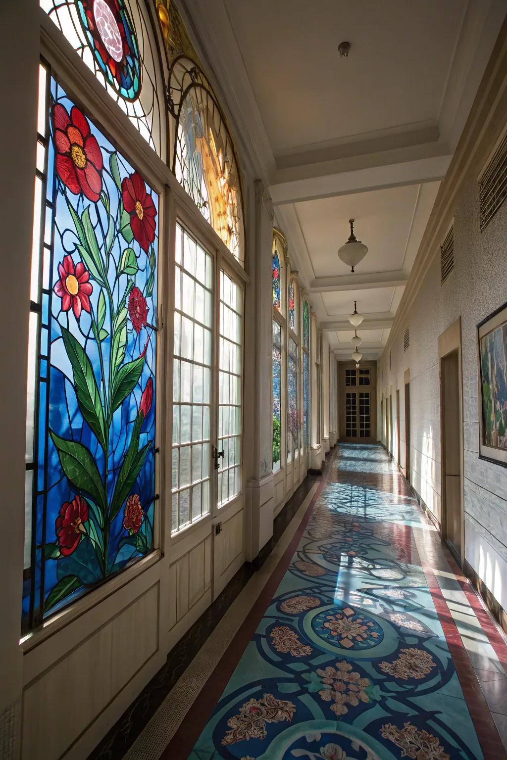 Artistic stained glass windows in a hallway