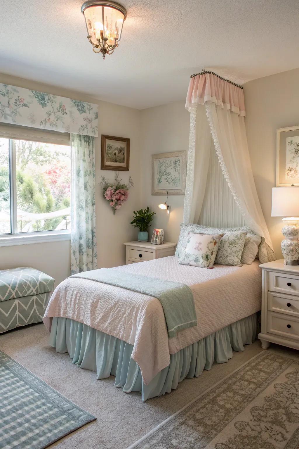 Pastel valance creating a calming atmosphere in a guest room.