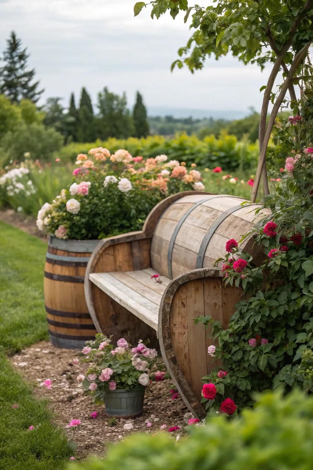 A wine barrel garden bench is perfect for relaxing outdoors.