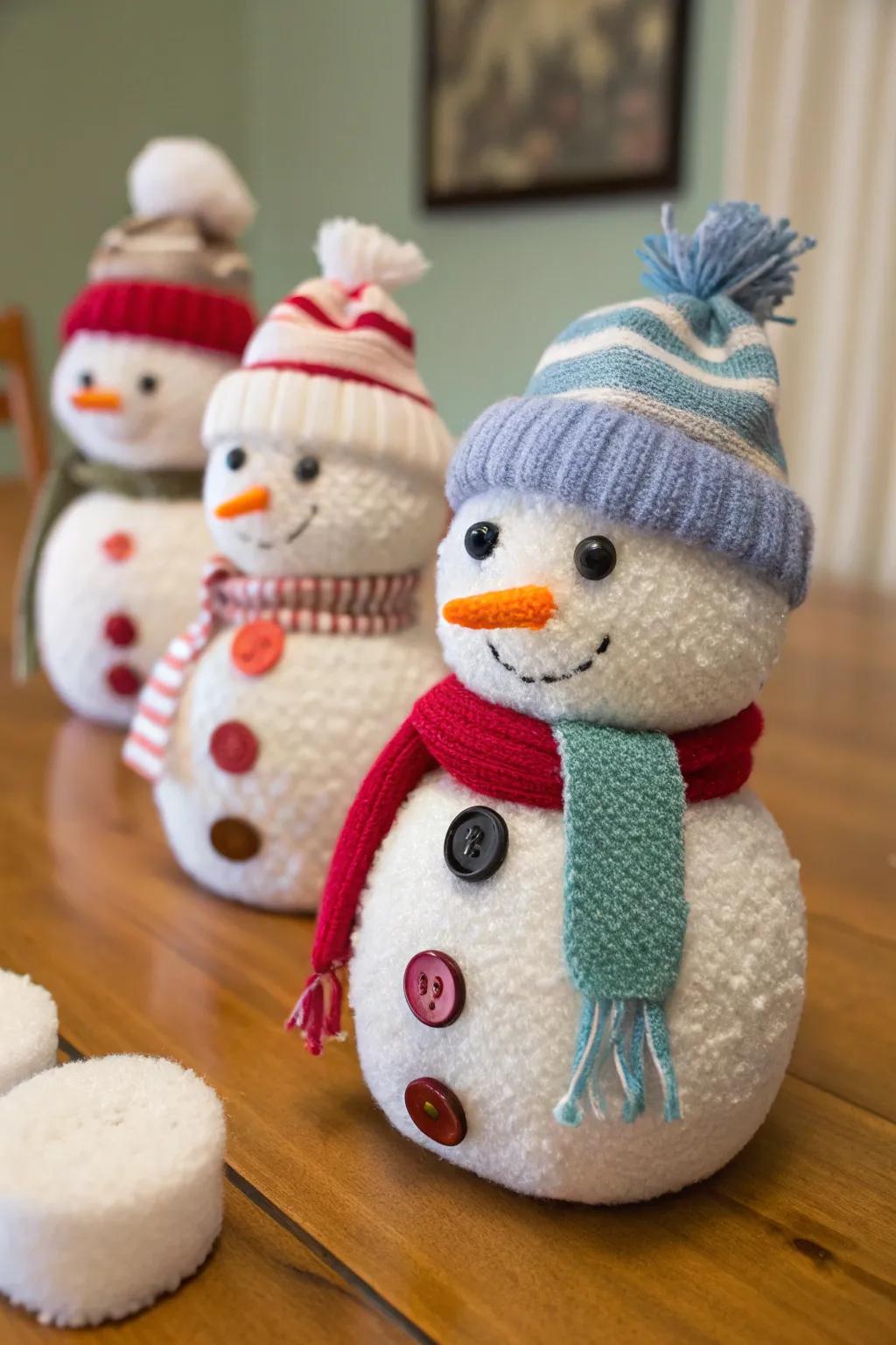 DIY snowmen add whimsical charm to the decor.