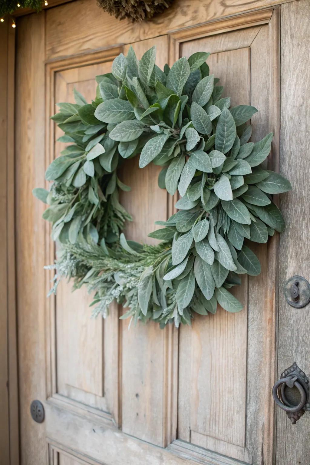 Lamb’s ear leaves add elegance and softness to this winter wreath.