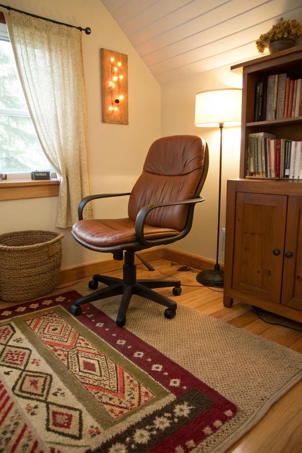 Layered rugs add warmth and comfort to your office environment.