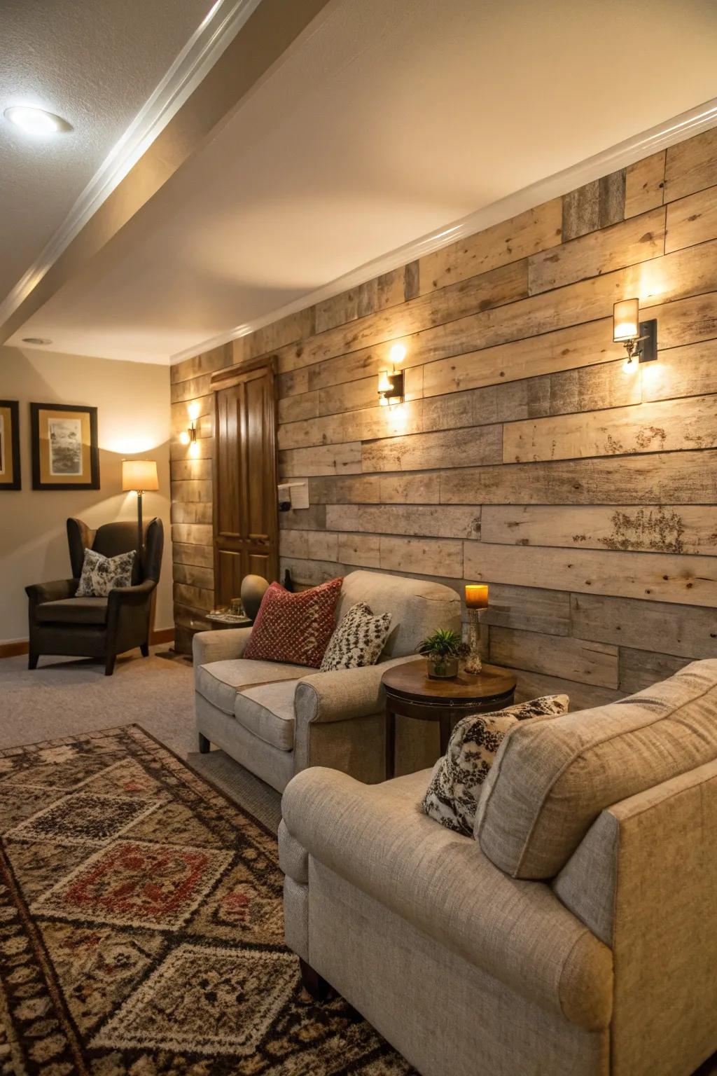 A living room with a textured wood accent wall.