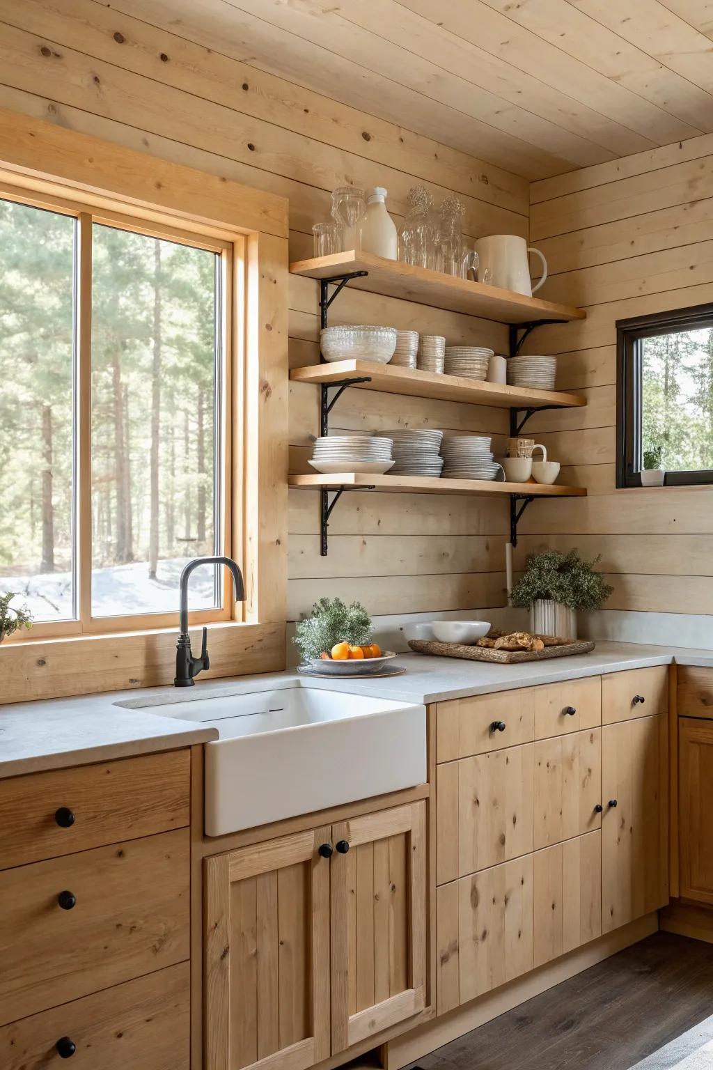 A serene kitchen featuring a light pine wood backsplash.