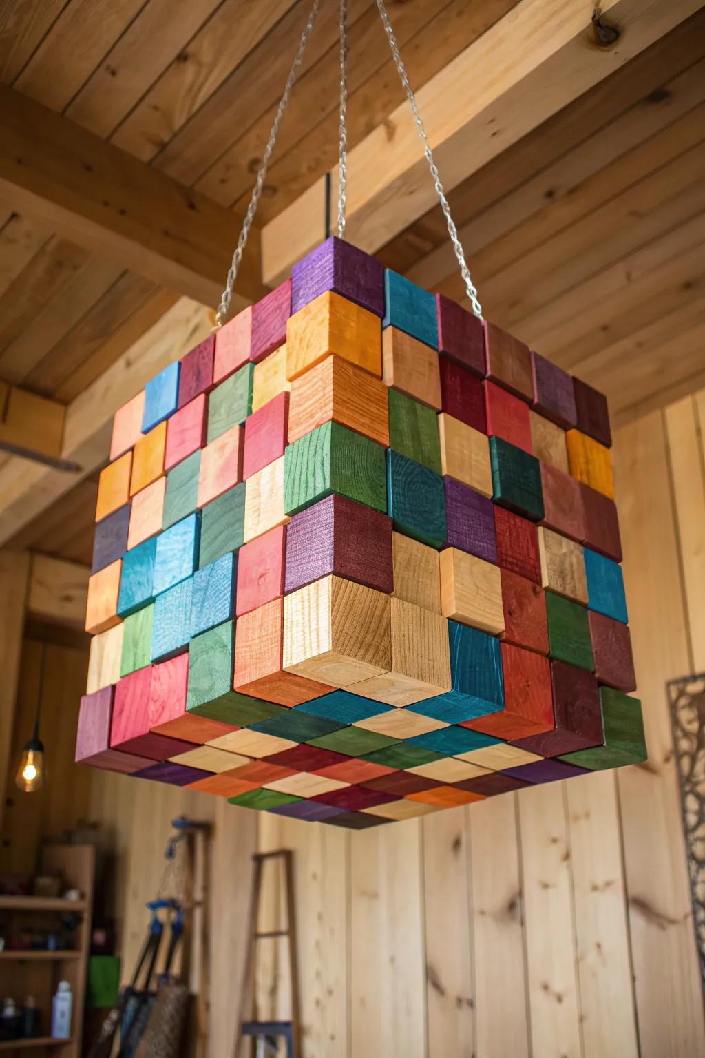Elevate your space with the artistry of a handmade wood block chandelier.