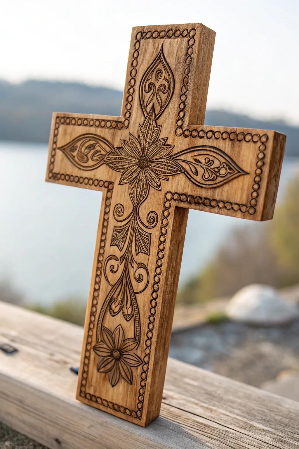 Faith symbols add personal meaning to this wooden cross design.