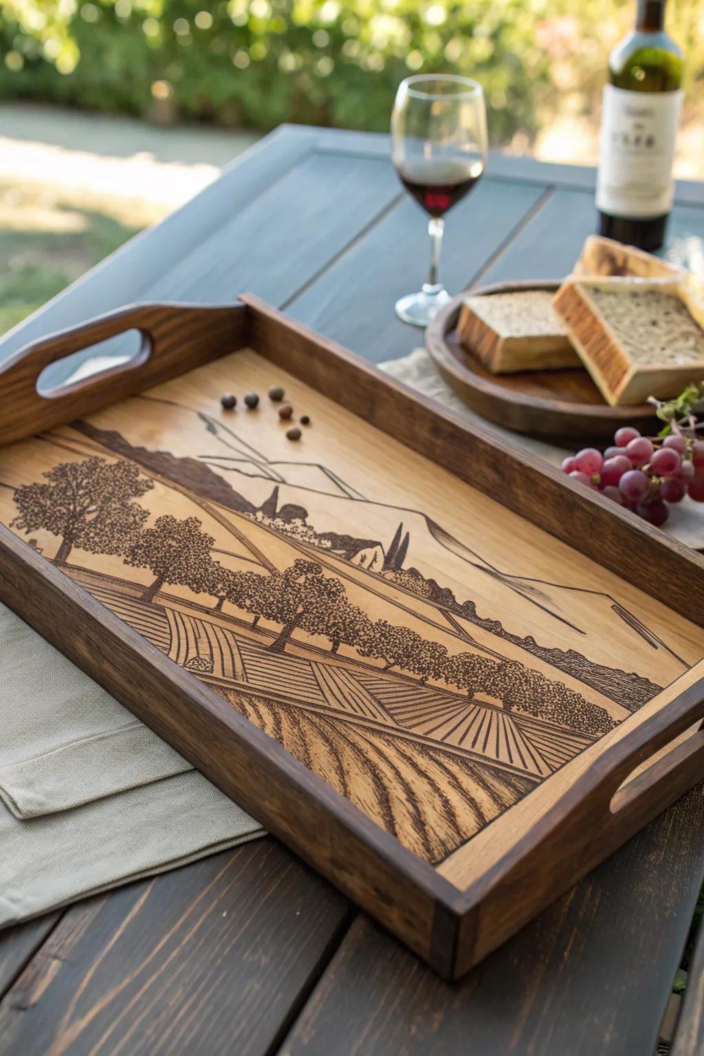 Elevate your gatherings with a handcrafted vineyard-inspired wooden serving tray.