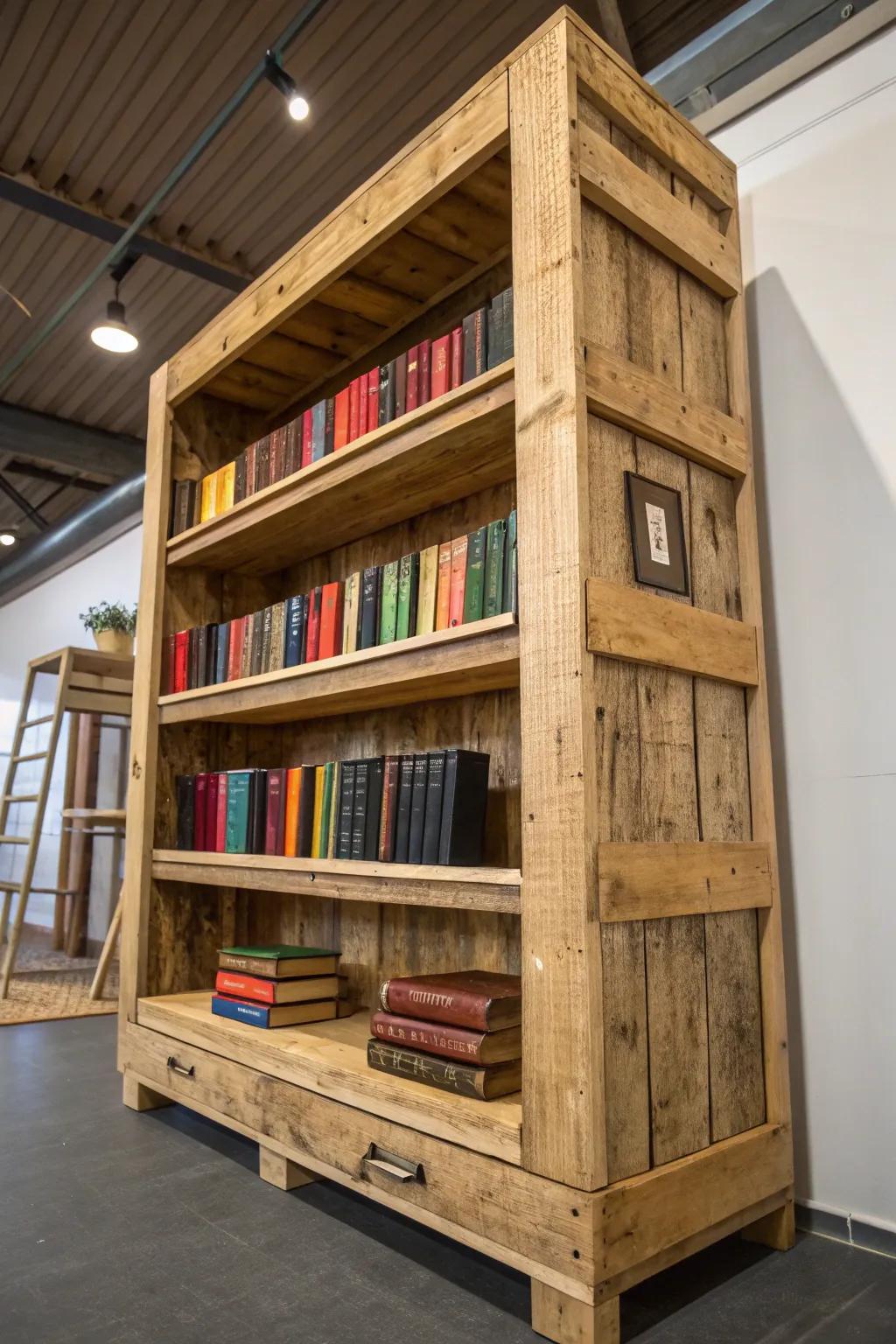Crafted Elegance: Showcase your literary treasures with a rustic pallet bookshelf.