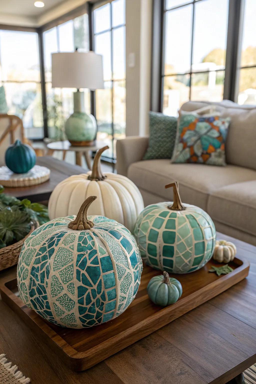 Make a statement with mosaic-patterned wooden pumpkins.