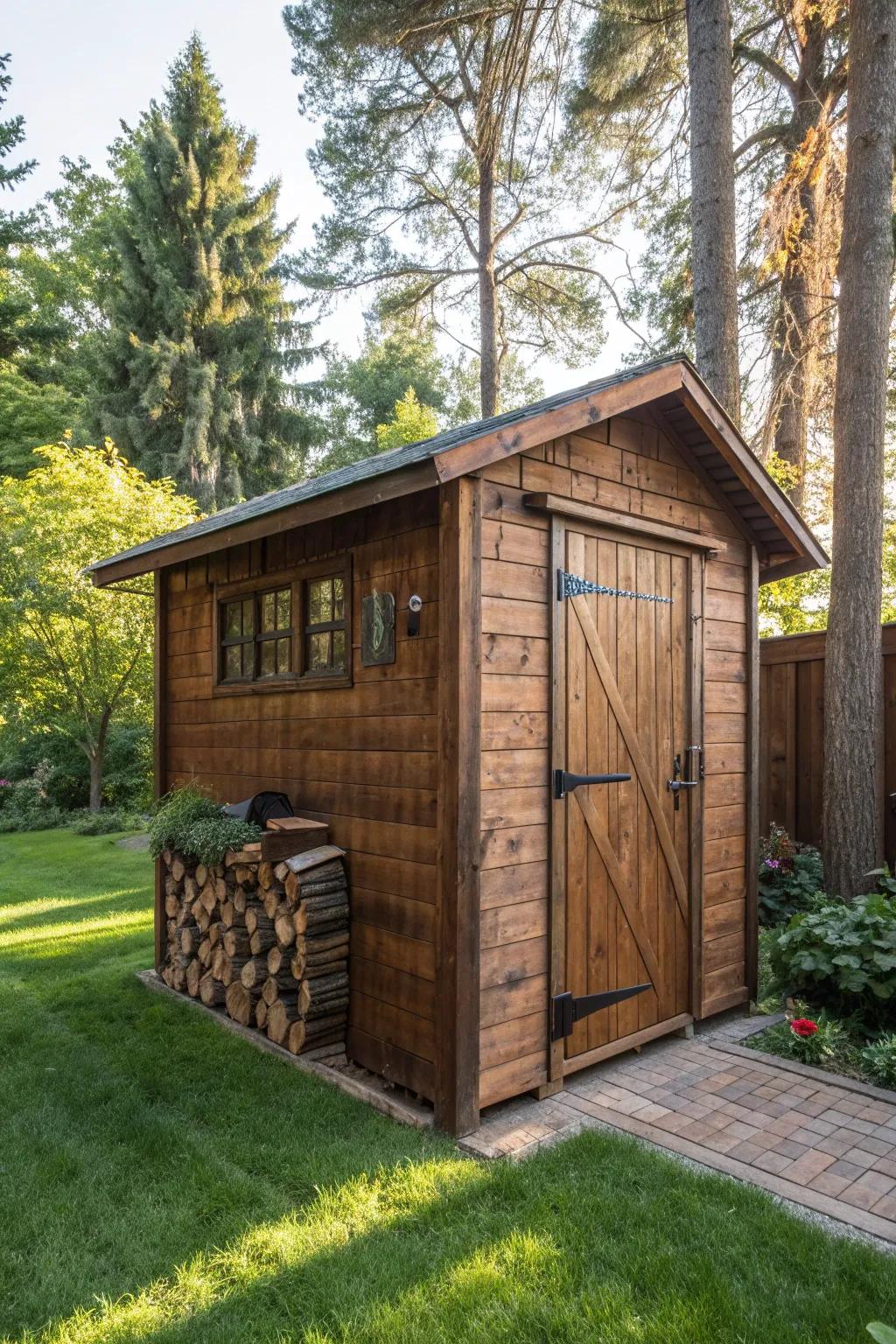 Masterfully crafted outdoor shed: the perfect haven for your wood scrap collection.