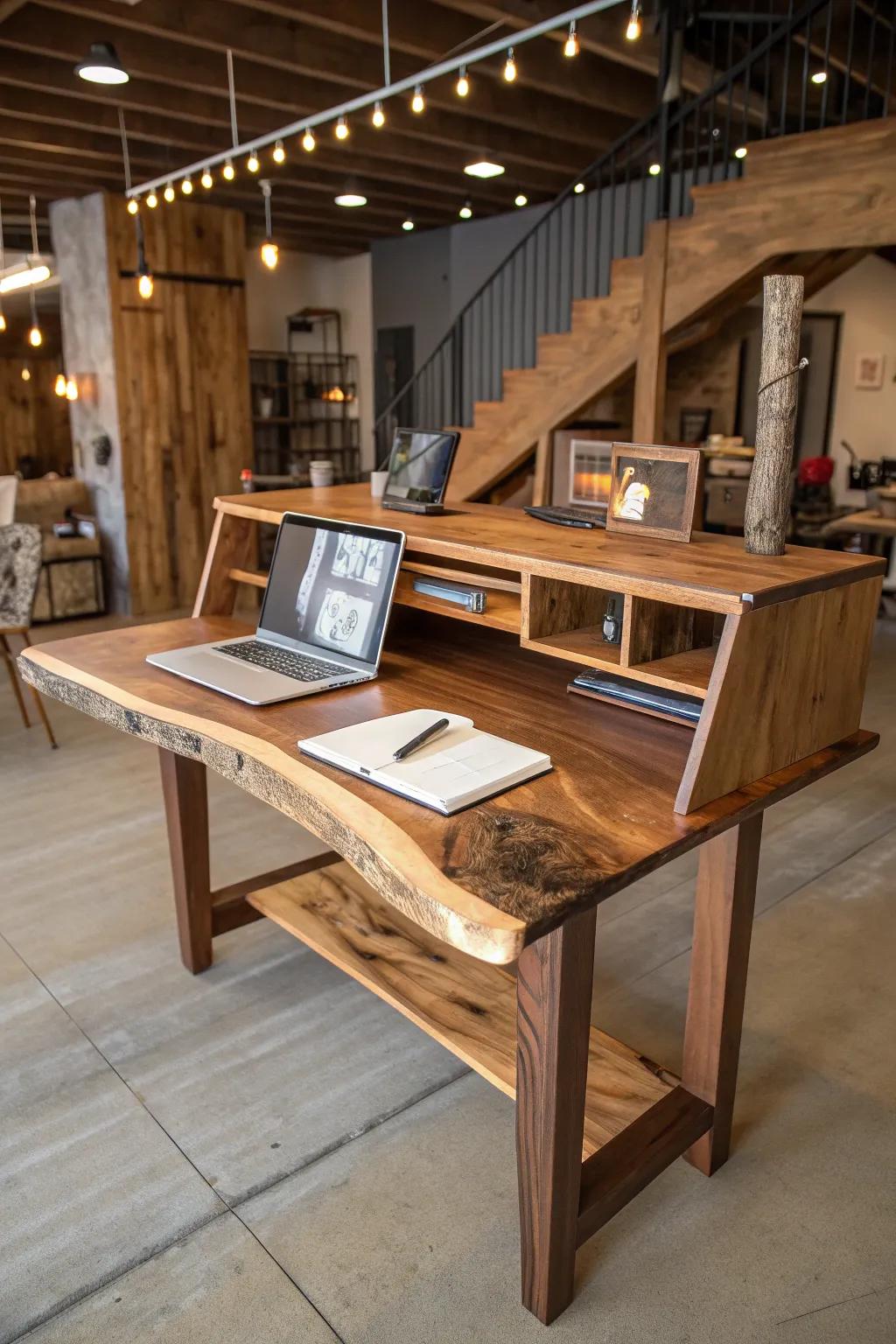 Elevate your workspace with a split-level wood slab desk, where craftsmanship meets creativity.