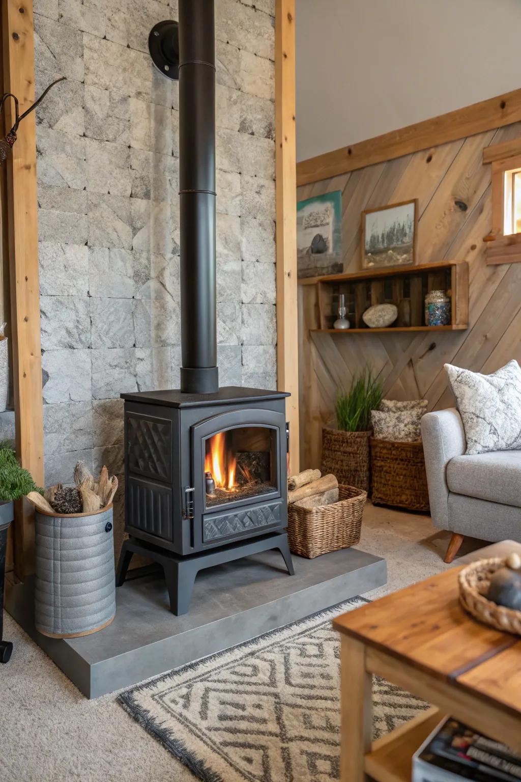 A wood stove perfectly placed in a unique living space, showcasing versatility and style.