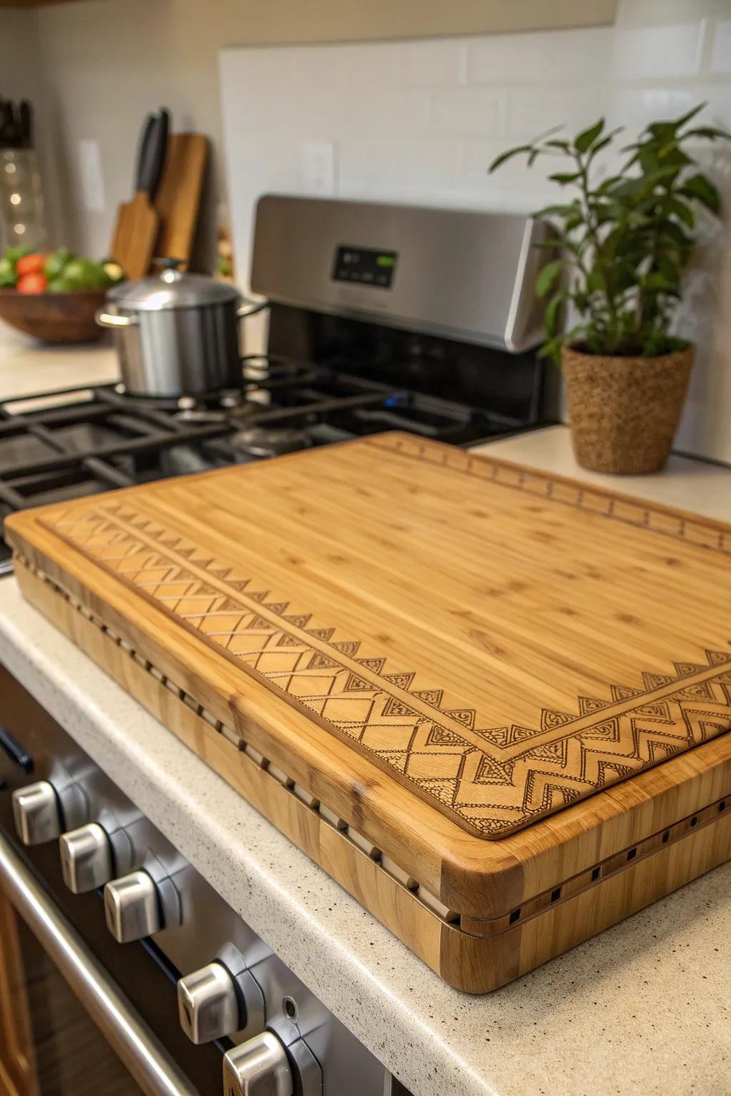 Elevate your kitchen with eco-friendly elegance: a bamboo stove top cover that blends style with sustainability.