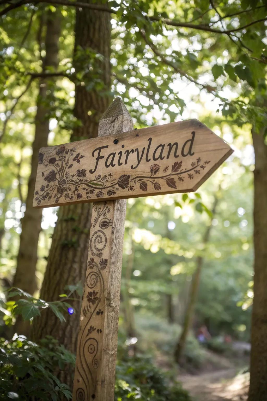 Step into a fairytale with this enchanting wooden arrow sign, guiding you to 'Fairyland'.