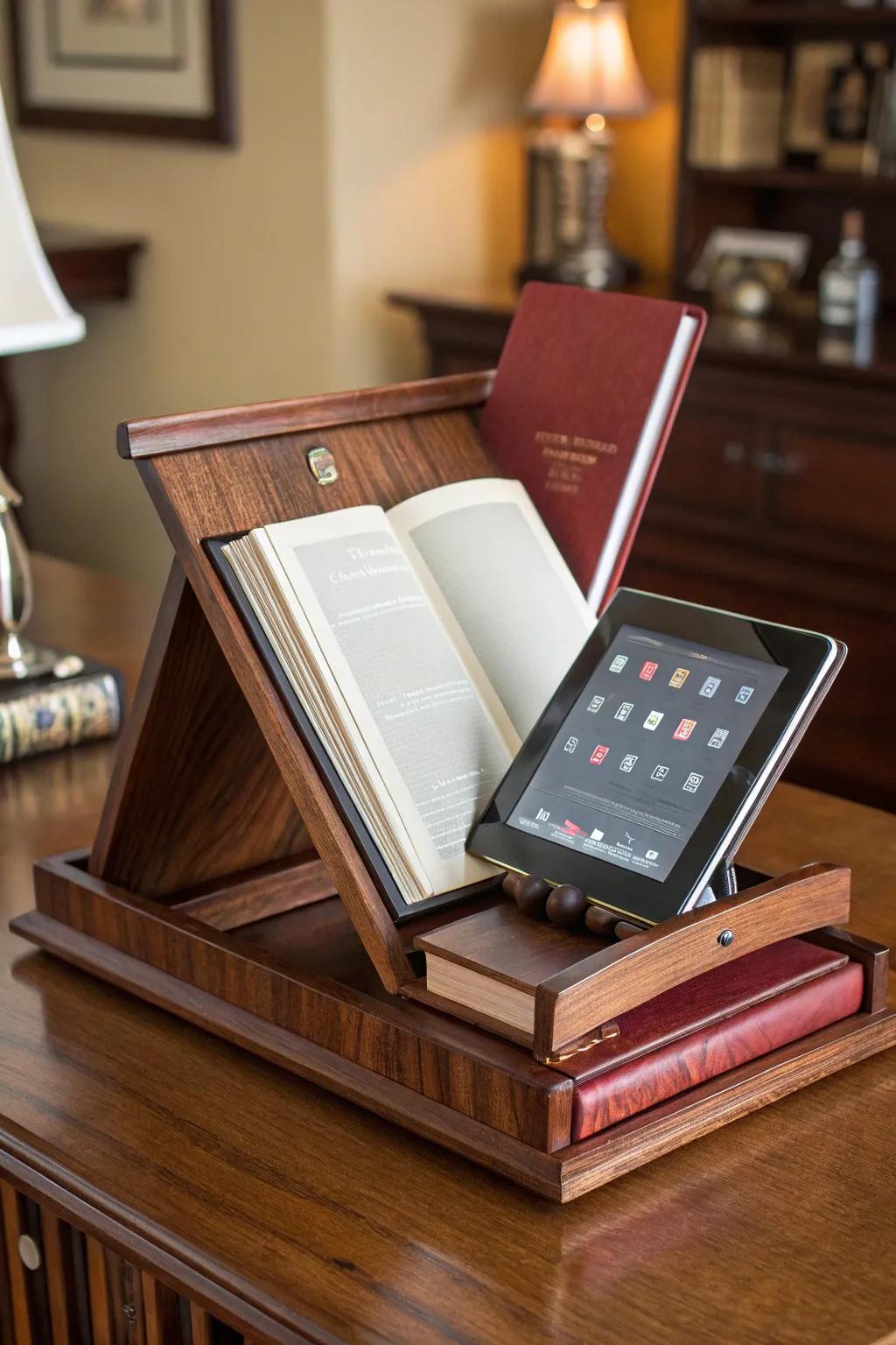 Crafted for the modern reader: A versatile wooden book stand that seamlessly adapts to hold your favorite reads and tech.