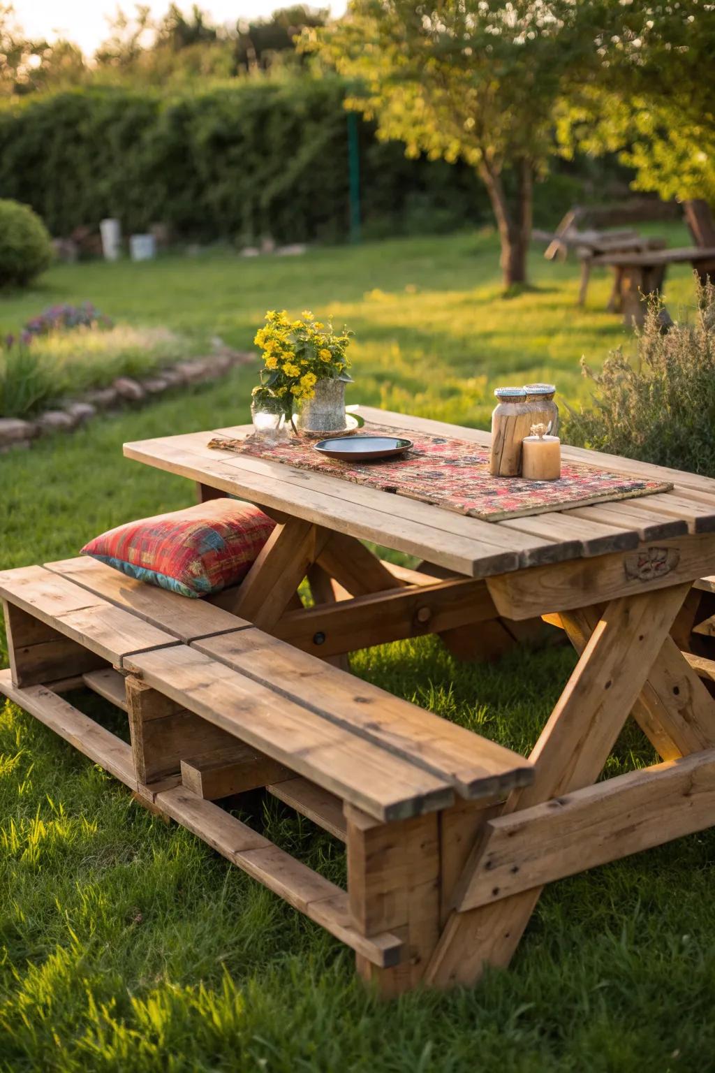 Elevate your outdoor gatherings with this masterfully crafted pallet picnic table—where sustainability meets style.