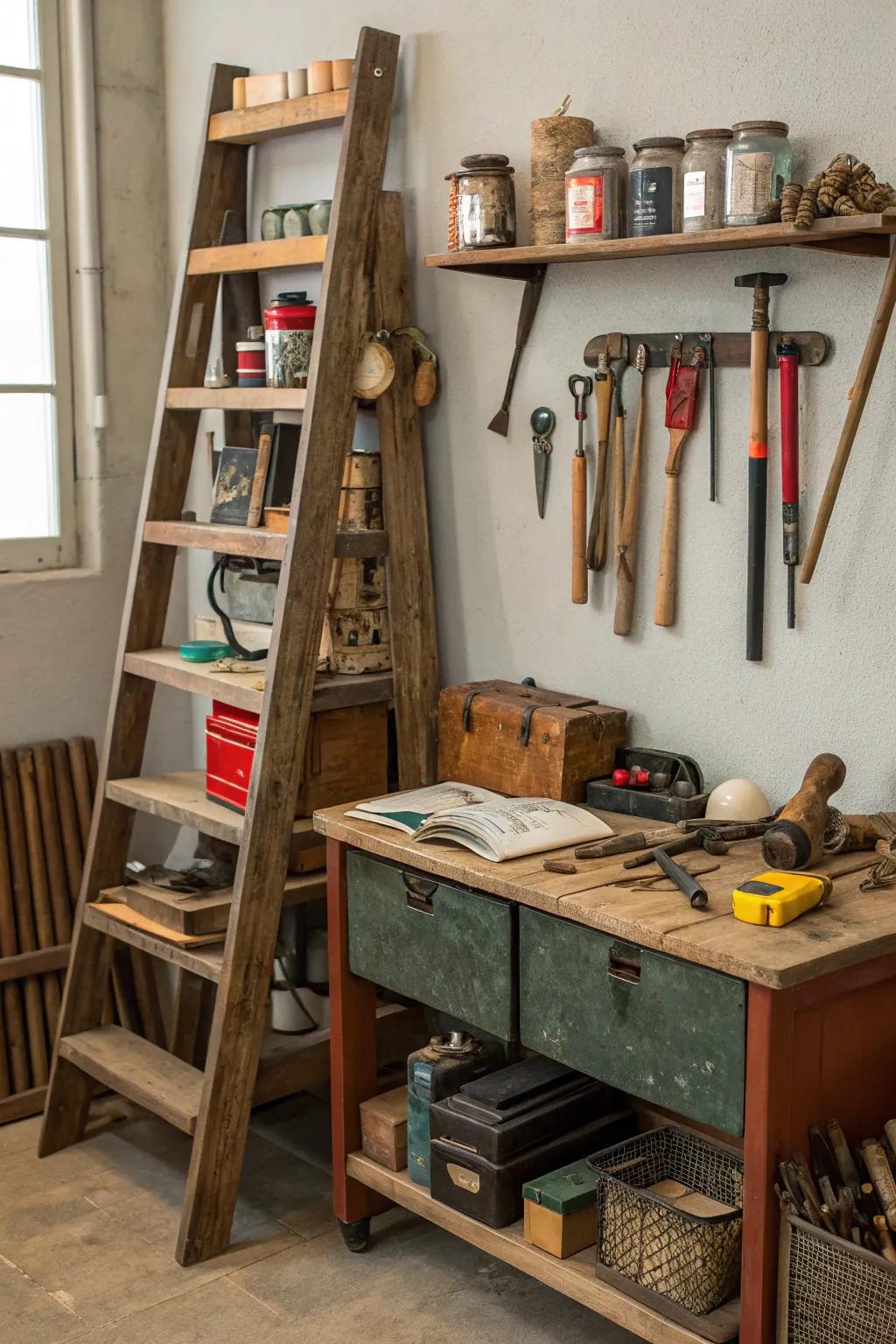 Ladder shelves offer easy access and style.